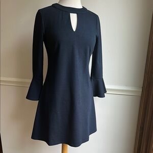 Aryeh Classic A Line Flare Sleeve Navy Dress Keyhole Neckline Small EUC